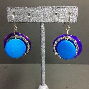 Circle Dangle Pierced Earrings Purple Blue Shell Hammered Silver Retro BoHo